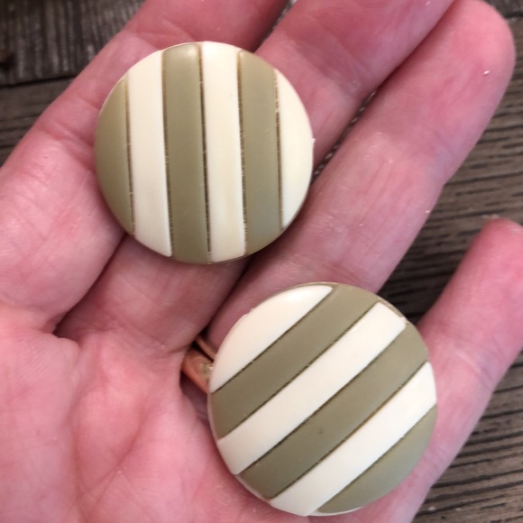 Round Striped Olive & Ivory Button Earrings - Picture 6 of 9